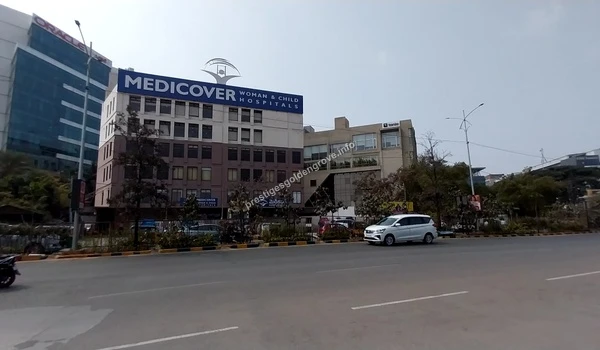 Nearby Healthcare Infrastructure View of the prominent Medicover Woman & Child Hospital building located within easy reach of Prestige Golden Grove, ensuring top-tier medical facilities for residents