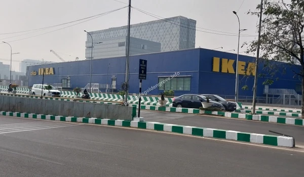 IKEA Hyderabad The iconic blue IKEA Hyderabad building in HITEC City, a major destination for home furnishing and lifestyle needs near Prestige Golden Grove