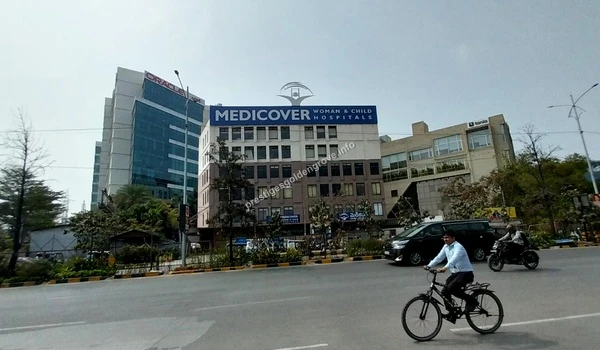 Medicover Healthcare Services External facade of Medicover Woman and Child Hospital building showcasing premium healthcare infrastructure accessible to residents of Prestige Golden Grove in Hyderabad